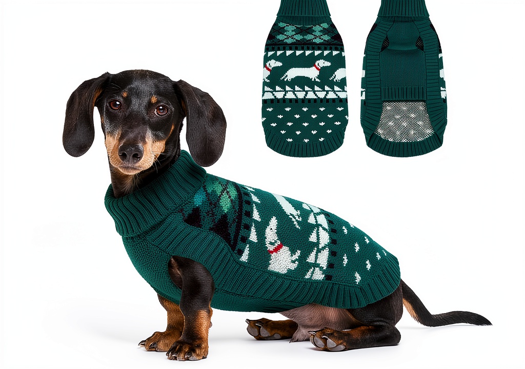 Dachshund wearing LeLePet knit sweater on a park bench