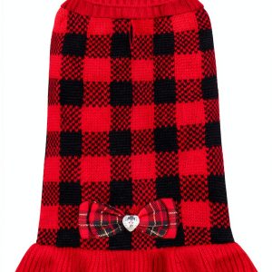 KYEESE Dog Sweater Red Buffalo Pattern with Bowtie for Small to 3L-0
