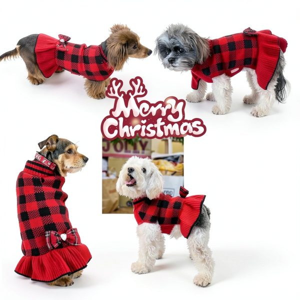 KYEESE Dog Sweater Red Buffalo Pattern with Bowtie for Small to 3L-4