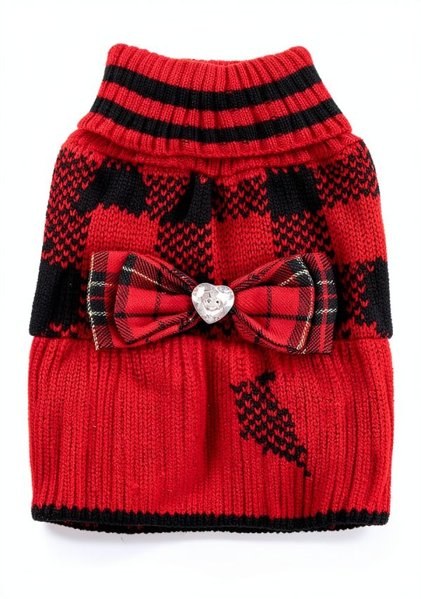 KYEESE Dog Sweater Red Buffalo Pattern with Bowtie for Small to 3L-6