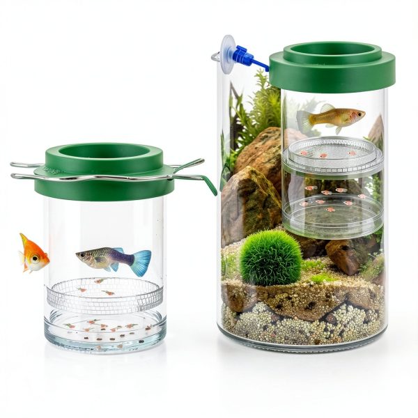 Betta Guppy Breeding Box for Fish Tank and Artificial Plants, Floating Guppy Breeding Box with Suction Cups, Acrylic Breeder Isolation Incubator for Aquarium Tank, Hatchery Breeder Chamber (Green, M)-3